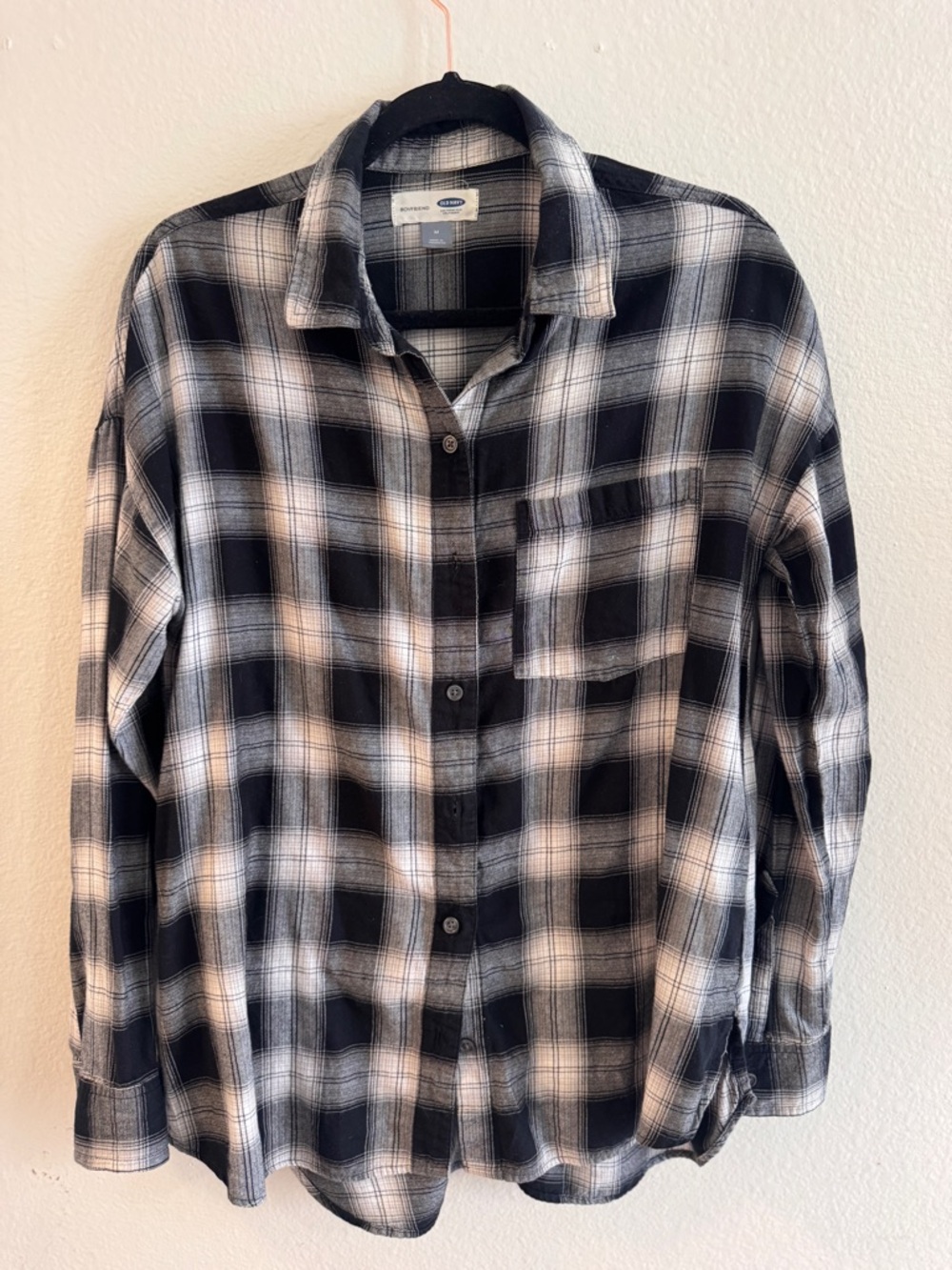 Old Navy Black and White Plaid Button-Down Shirt, Size Medium